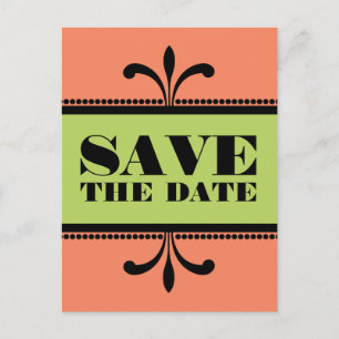 Postal De Anuncios Naranja/Green Fancy Art Deco Save the Date Postcar