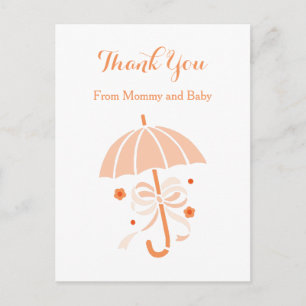 Postal De Anuncios Naranja lindo, paraguas y Baby Shower Bow Gracias