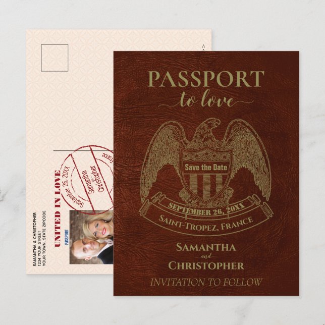 Postal De Anuncios Naranja Passport Cute Fun Wedding Guardar la fecha (Anverso / Reverso)