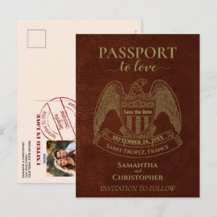 Postal De Anuncios Naranja Passport Cute Fun Wedding Guardar la fecha