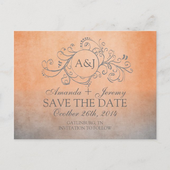 Postal De Anuncios Naranja Rústico y Gris Boho Save The Date (Anverso)