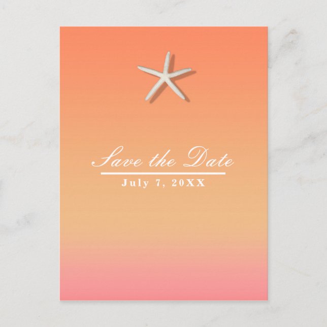 Postal De Anuncios Naranja Starfish & Pink Beach Summer Save the Date (Anverso)