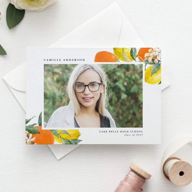 Postal De Anuncios Naranjas y limones botánicos Foto Graduación (Botanical Oranges and Lemons Photo Graduation Announcement Postcard)