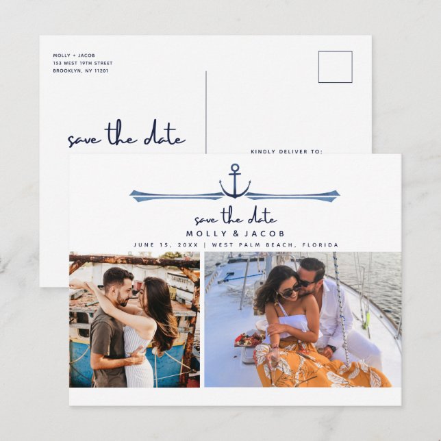 Postal De Anuncios Nautical Anchor Two Photo Wedding Save the Date (Anverso / Reverso)