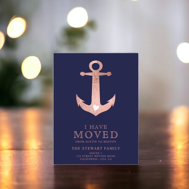 Postal De Anuncios Nautical ancla azul marino rosa oro hogar en movim (Nautical anchor navy blue rose gold home moving announcement postcard)