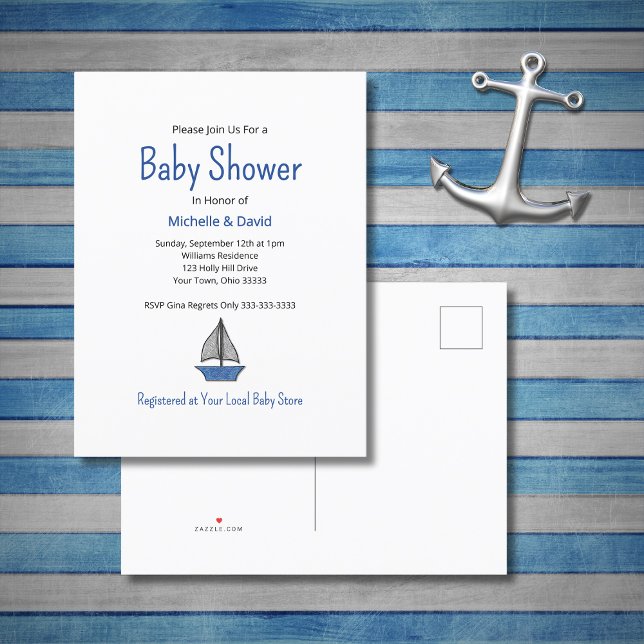 Postal De Anuncios Nautical Blue Sailboat Cute Boy Baby Shower (Subido por el creador)