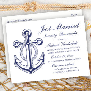 Postal De Anuncios Nautical Boda Navy Anchor azul recién casado