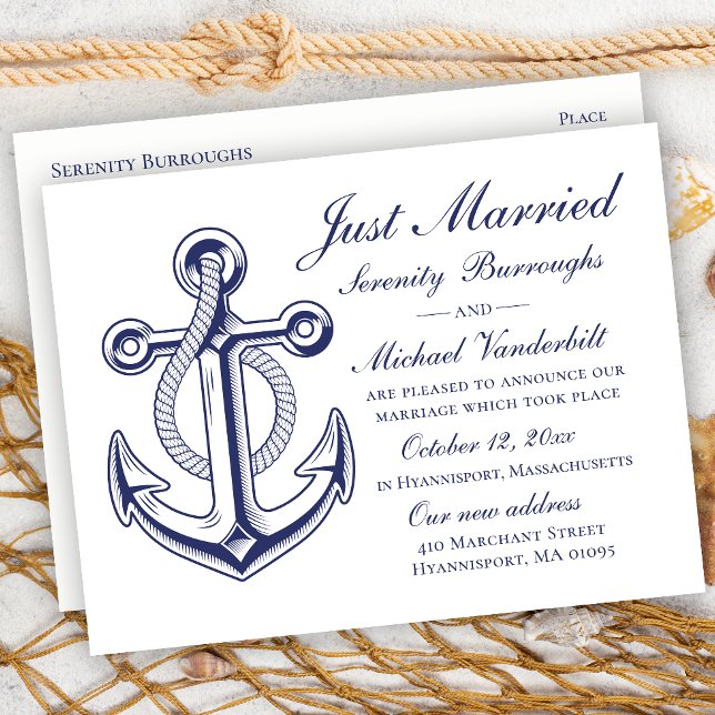 Postal De Anuncios Nautical Boda Navy Anchor azul recién casado (Subido por el creador)