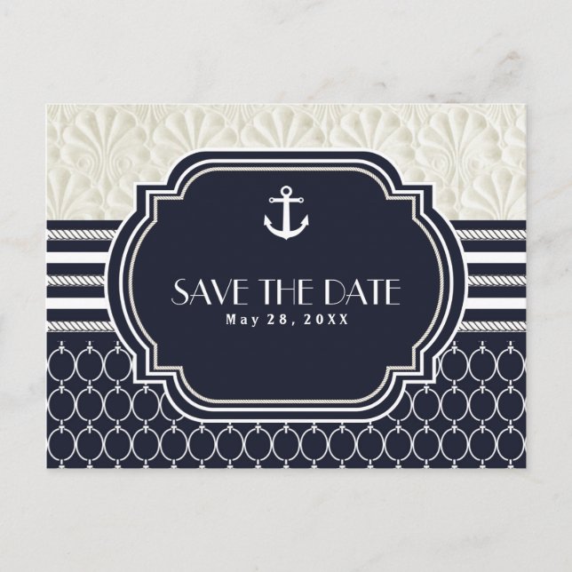 Postal De Anuncios Nautical Navy & White Beach Wedding Save the Date (Anverso)