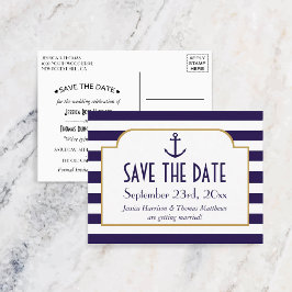 Postal De Anuncios Nautical Navy y Ancla de Raya Blanca Save The Date