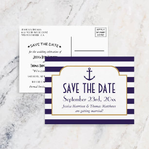Postal De Anuncios Nautical Navy y Ancla de Raya Blanca Save The Date