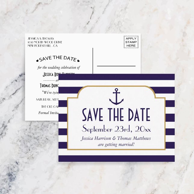 Postal De Anuncios Nautical Navy y Ancla de Raya Blanca Save The Date (Subido por el creador)