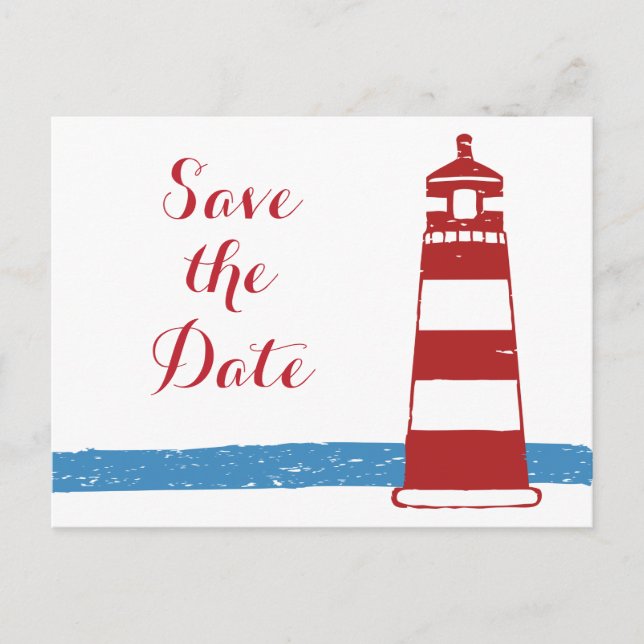 Postal De Anuncios Nautical Save The Date Lighthouse Boda Azul Rojo (Anverso)