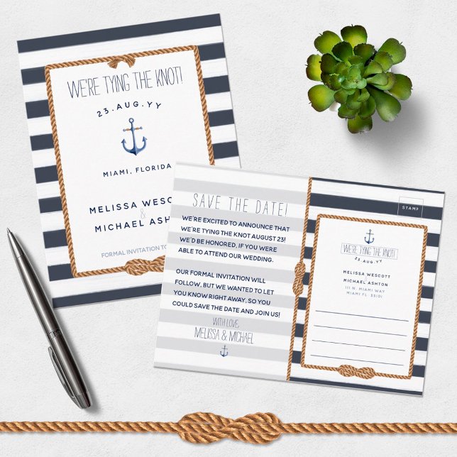 Postal De Anuncios Nautical Tie the Knot Navy Blue Save the Date (Subido por el creador)
