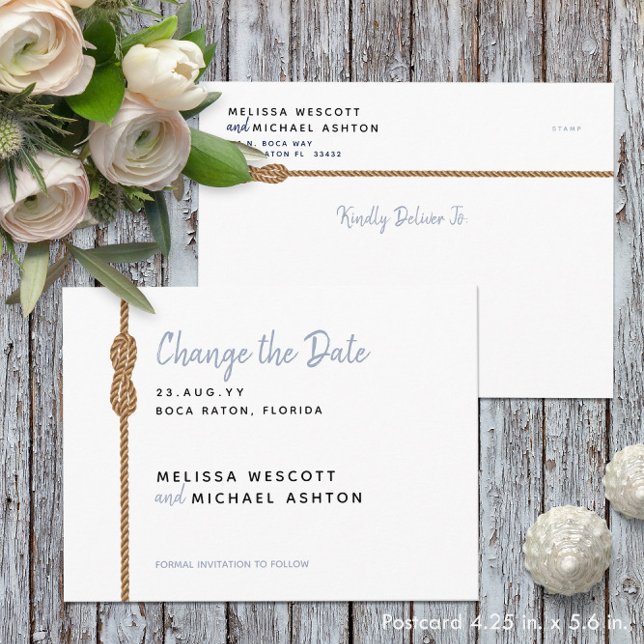 Postal De Anuncios Náutico ⛵ Azul Polvoriento y Blanco Cambiar la Fec (Nautical ⛵ Dusty Blue + White Change The Date Announcement Postcard
)