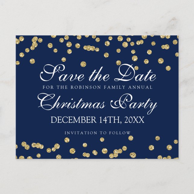 Postal De Anuncios Navidad Guardar Fecha Glitter Confeti Dorado Azul  (Anverso)