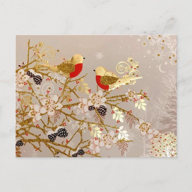 Postal De Anuncios Navidad País Aves Nieve Invierno Oro (Anverso)