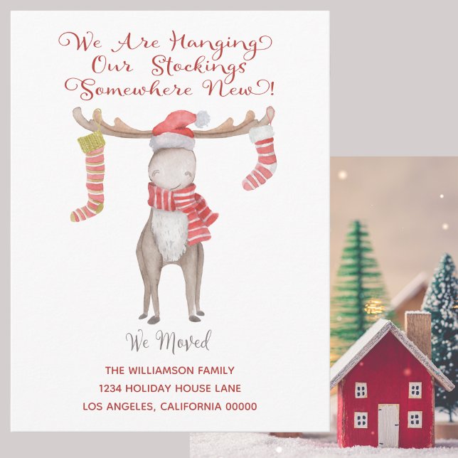 Postal De Anuncios Navidades amables moose hemos movido vacaciones (Holiday Moving New Address Card - Cute and Fun)