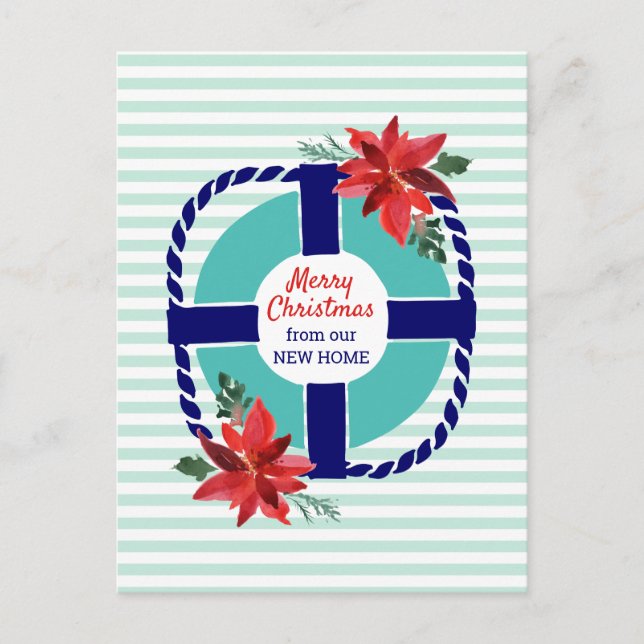 Postal De Anuncios Navidades de franjas náuticas Poinsettias en movim (Anverso)