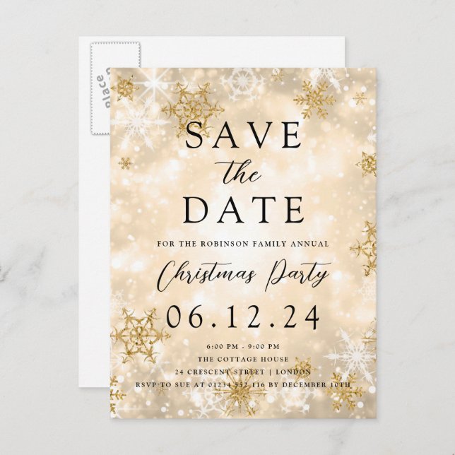 Postal De Anuncios Navidades Fiesta Guardar La Fecha Oro Invierno Won (Anverso / Reverso)