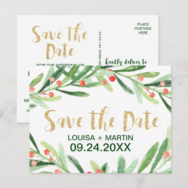 Postal De Anuncios Navidades Holly Wreath Save the Date (Anverso / Reverso)