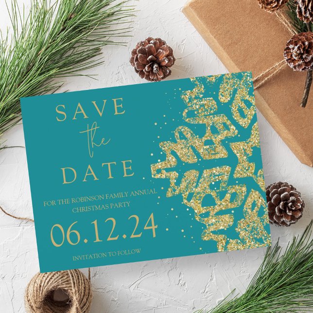 Postal De Anuncios Navidades modernos salvan la fecha de Purpurina de (Modern Christmas Save The Date Gold Glitter Teal Announcement Postcard)