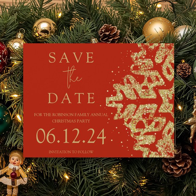 Postal De Anuncios Navidades Modernos Salvan La Fecha Purpurina De Or (Modern Christmas Save The Date Gold Glitter Red Announcement Postcard)