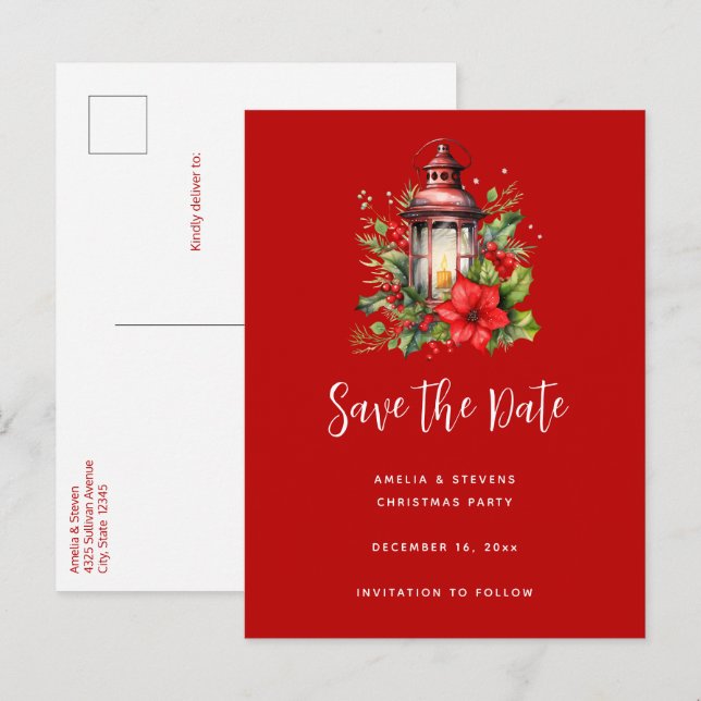 Postal De Anuncios Navidades rojos Lantern Poinsettia y Pine (Anverso / Reverso)