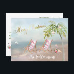 Postal De Anuncios Navidades únicos de Budget Beach Flamingo Wreath<br><div class="desc">Feliz Navidad en esta preciosa playa de Watercolor - escena tranquila y suave con dos tumbonas - flamencos amistosos con una hermosa corona - Palmera con algunos adornos. También disponible en diferentes pesos de papel: su selección. Cualquier pregunta de diseño, sólo envíe un correo electrónico a charmdesignstudio@rcn.com y estaremos encantados...</div>