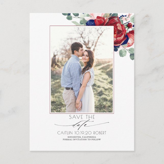 Postal De Anuncios Navy Azul y Rojo Burdeos Floral Save the Date (Anverso)