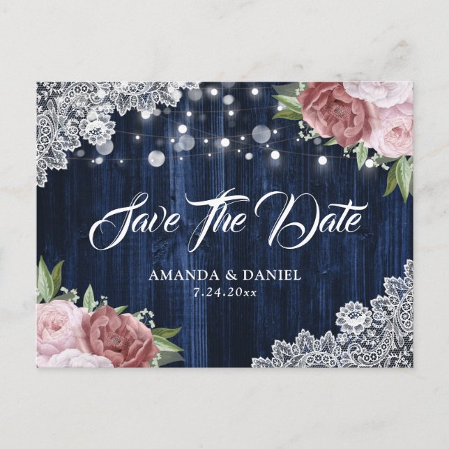 Postal De Anuncios Navy Blue Blush Floral Wedding Save The Date (Anverso)