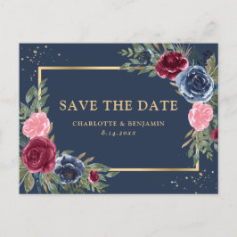 Postal De Anuncios Navy Blue Burgundy Blush Gold Floral Save The Date