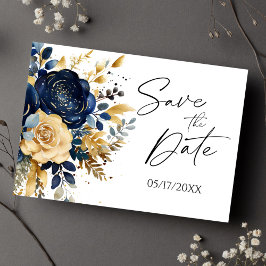 Postal De Anuncios Navy Blue Gold Floral Elegant Save The Date