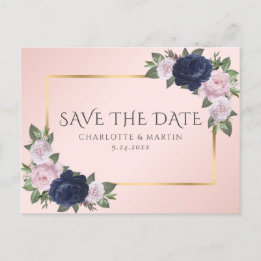 Postal De Anuncios Navy Blue Gold Rubor Floral Rosa Save The Date