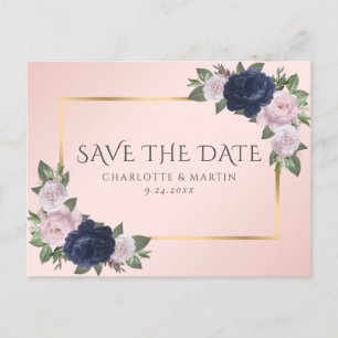 Postal De Anuncios Navy Blue Gold Rubor Floral Rosa Save The Date