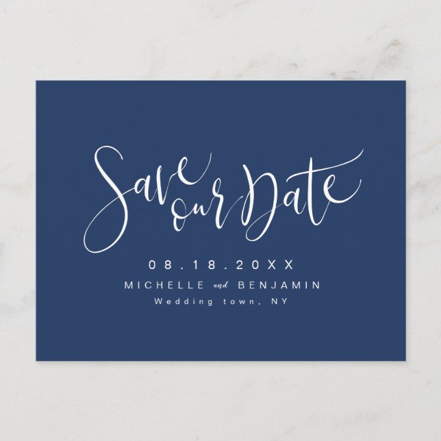 Postal De Anuncios Navy Blue Modern Simple Script Guardar La Fecha (Anverso)