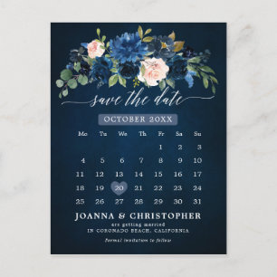 Postal De Anuncios Navy Blue Rubor Rosa Botánico Save the Date