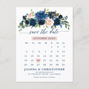Postal De Anuncios Navy Blue Rubor Rosa Botánico Save the Date