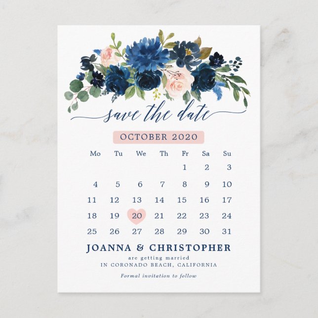 Postal De Anuncios Navy Blue Rubor Rosa Botánico Save the Date (Anverso)