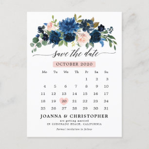 Postal De Anuncios Navy Blue Rubor Rosa Botánico Save the Date