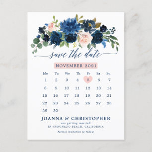 Postal De Anuncios Navy Blue Rubor Rosa Botánico Save the Date