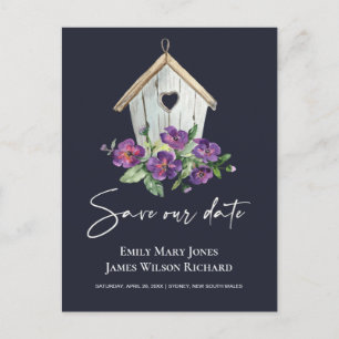 POSTAL DE ANUNCIOS NAVY BOHO RUSTIC FLORAL BIRDHOUSE AHORRA LA FECHA