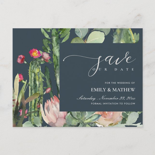 POSTAL DE ANUNCIOS NAVY FLORAL DESERT CACTI FOLIAGE GUARDAR LA FECHA (Anverso)