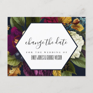 POSTAL DE ANUNCIOS NAVY KRAFT BURGUNDY FLORAL BODA CAMBIA LA FECHA