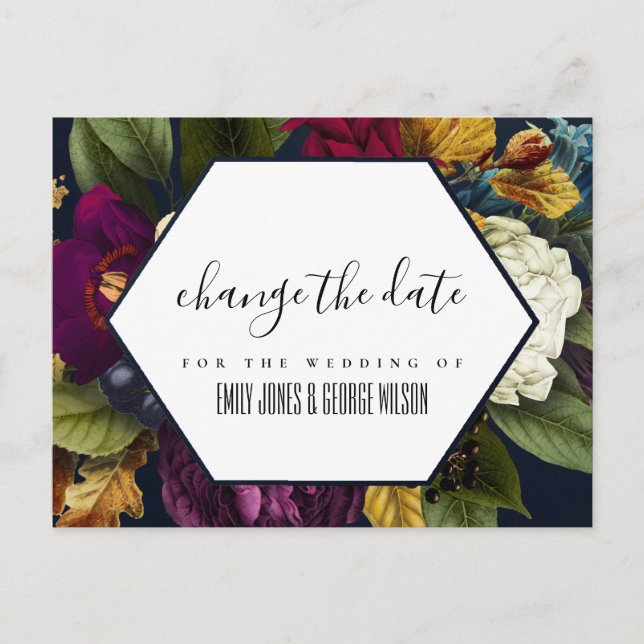 POSTAL DE ANUNCIOS NAVY KRAFT BURGUNDY FLORAL BODA CAMBIAR LA FECHA (Anverso)