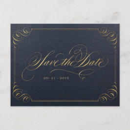 Postal De Anuncios Navy oro elegante caligrafía save the date