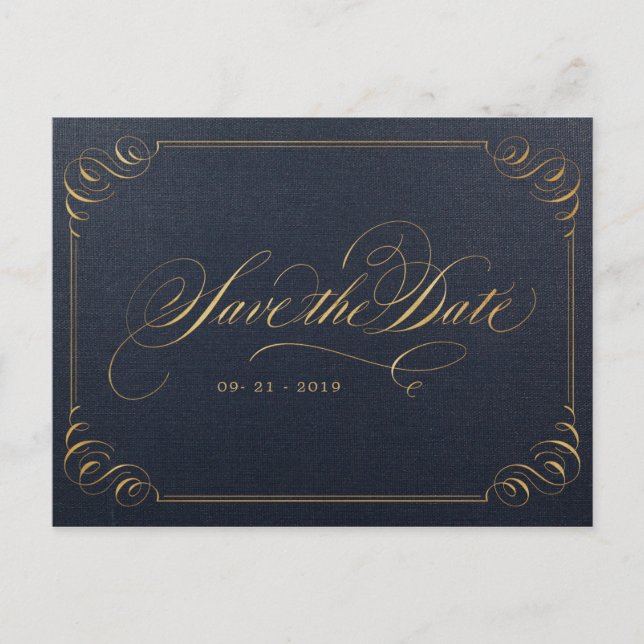 Postal De Anuncios Navy oro elegante caligrafía save the date (Anverso)