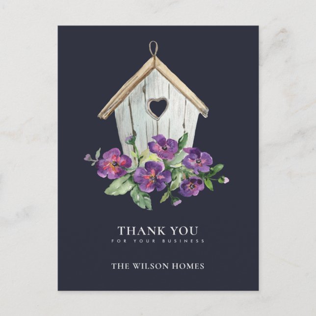POSTAL DE ANUNCIOS NAVY RUSTIC FLORAL BIRDHOUSE REALTOR GRACIAS (Anverso)