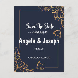 Postal De Anuncios Navy y floral dorado Save the Date