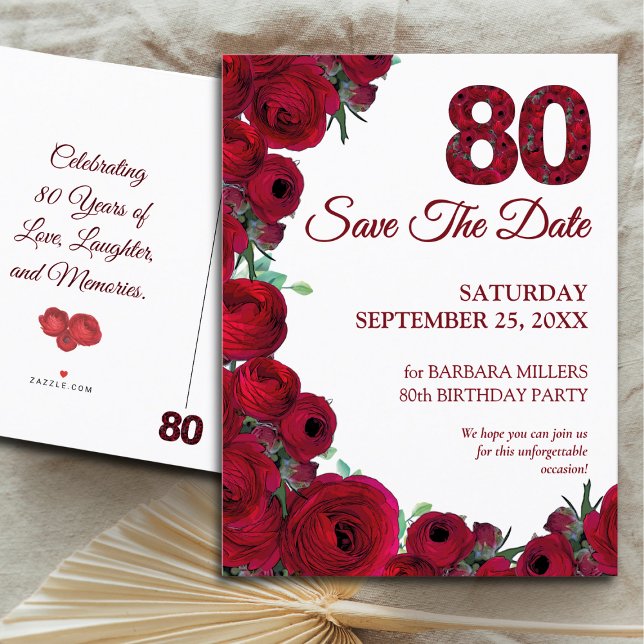 Postal De Anuncios Negrita Floral Roja 80 cumpleaños Guardar la fecha (Subido por el creador)